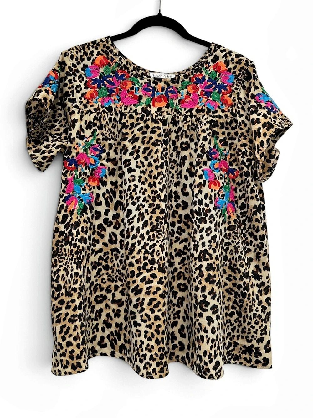 SEE AND BE SEEN Embroidered Leopard Tunic top in Brown & Pink - SMALL